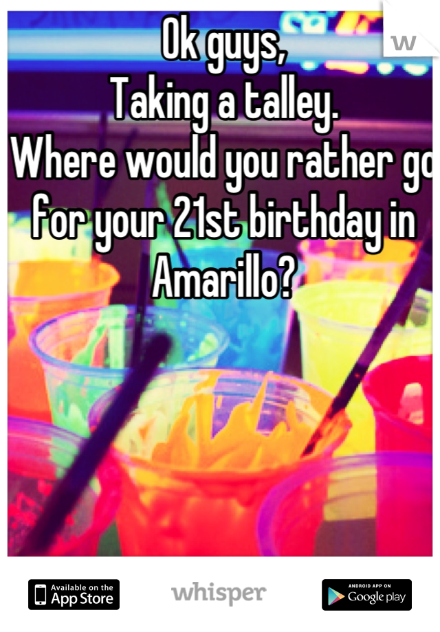 Ok guys,
Taking a talley.
Where would you rather go for your 21st birthday in Amarillo?