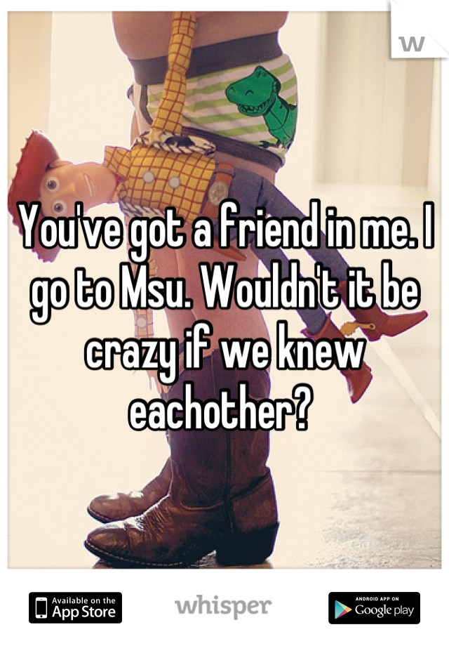 You've got a friend in me. I go to Msu. Wouldn't it be crazy if we knew eachother? 