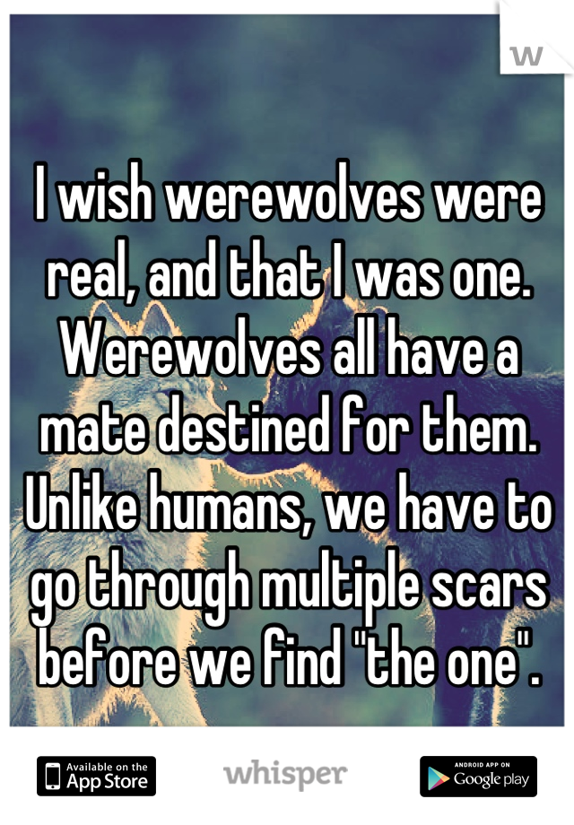 I wish werewolves were real, and that I was one. Werewolves all have a mate destined for them. Unlike humans, we have to go through multiple scars before we find "the one".