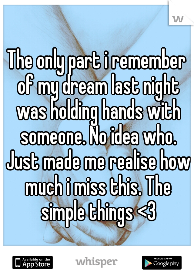 The only part i remember of my dream last night was holding hands with someone. No idea who. Just made me realise how much i miss this. The simple things <3