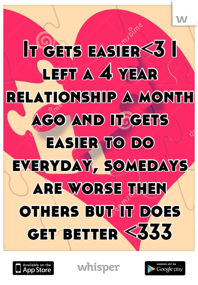 It gets easier<3 I left a 4 year relationship a month ago and it gets easier to do everyday, somedays are worse then others but it does get better <333