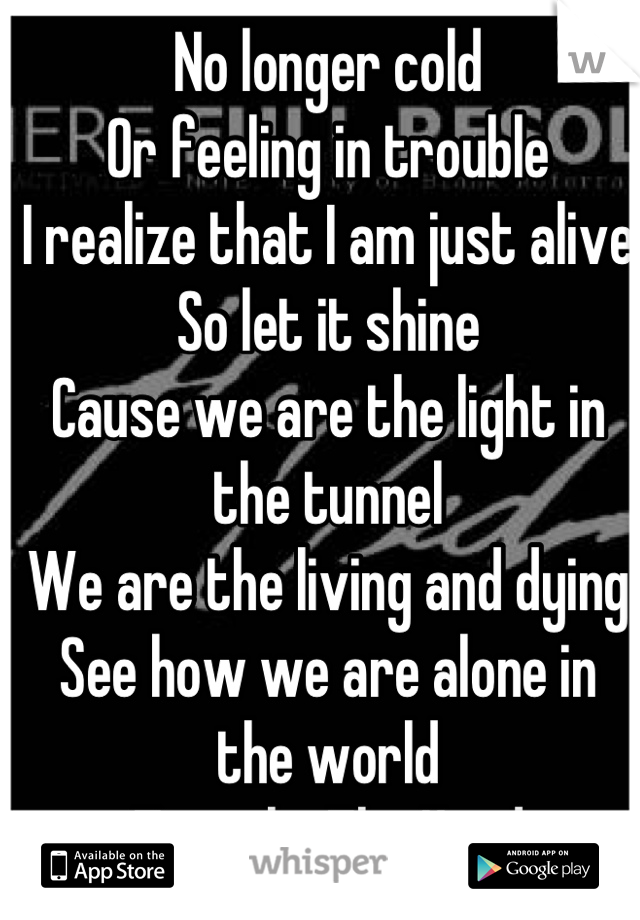 No longer cold
Or feeling in trouble
I realize that I am just alive
So let it shine
Cause we are the light in the tunnel
We are the living and dying
See how we are alone in the world
Tunnel ~ The Used
