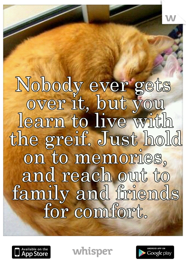 Nobody ever gets over it, but you learn to live with the greif. Just hold on to memories, and reach out to family and friends for comfort.