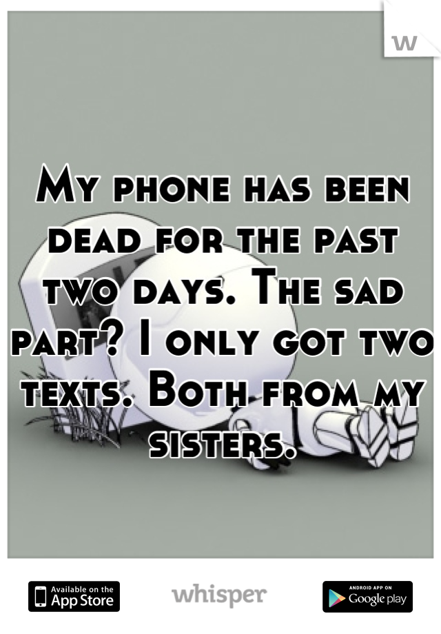 My phone has been dead for the past two days. The sad part? I only got two texts. Both from my sisters.