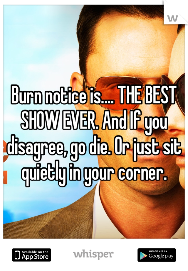 Burn notice is.... THE BEST SHOW EVER. And If you disagree, go die. Or just sit quietly in your corner.