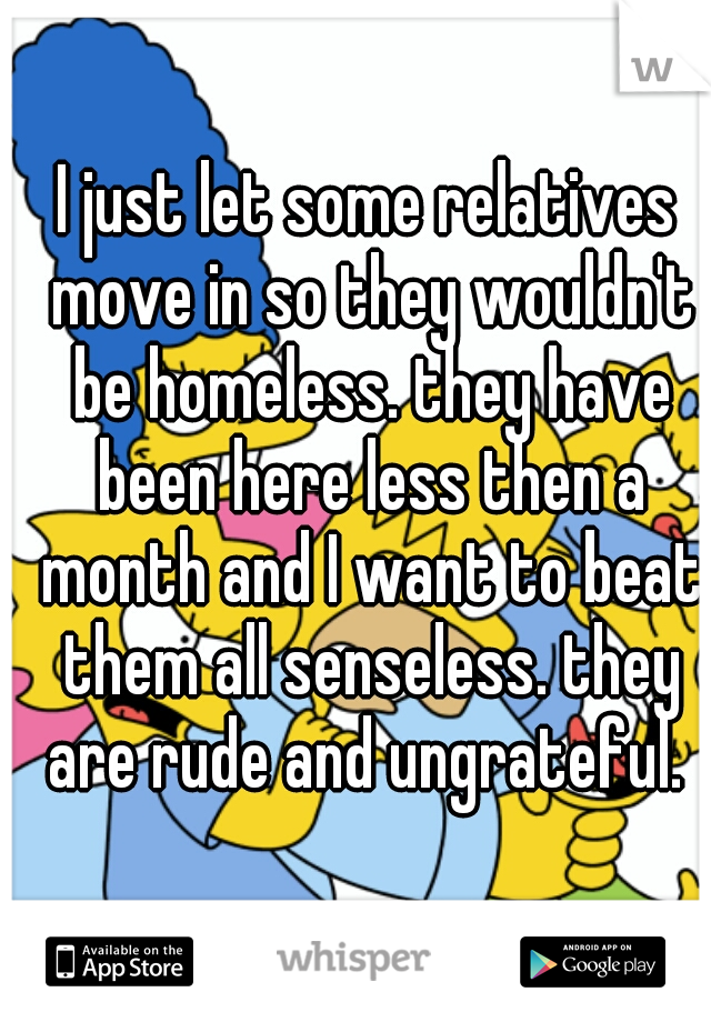 I just let some relatives move in so they wouldn't be homeless. they have been here less then a month and I want to beat them all senseless. they are rude and ungrateful. 