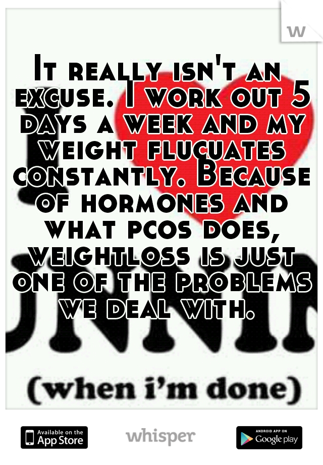 It really isn't an excuse. I work out 5 days a week and my weight flucuates constantly. Because of hormones and what pcos does, weightloss is just one of the problems we deal with. 