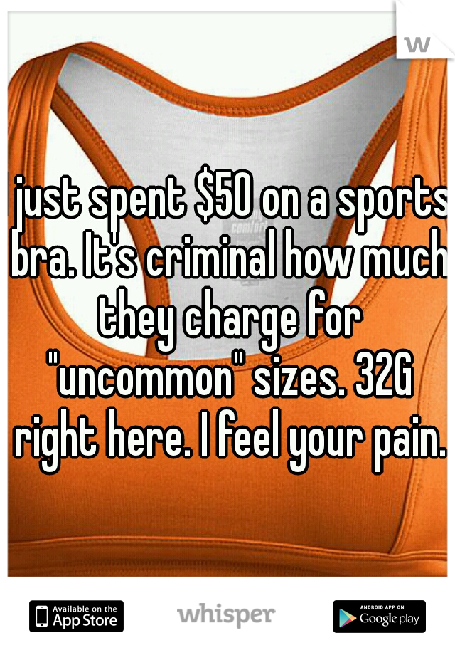 I just spent $50 on a sports bra. It's criminal how much they charge for "uncommon" sizes. 32G right here. I feel your pain.