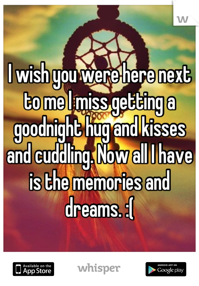 I wish you were here next to me I miss getting a goodnight hug and kisses and cuddling. Now all I have is the memories and dreams. :(