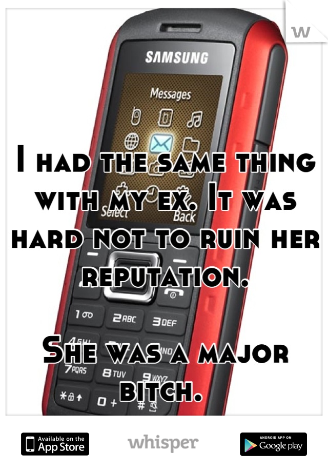 I had the same thing with my ex. It was hard not to ruin her reputation. 

She was a major bitch. 