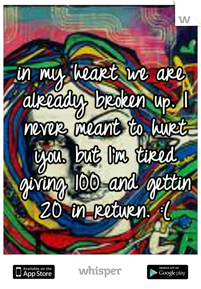 in my heart we are already broken up. I never meant to hurt you. but I'm tired giving 100 and gettin 20 in return. :(