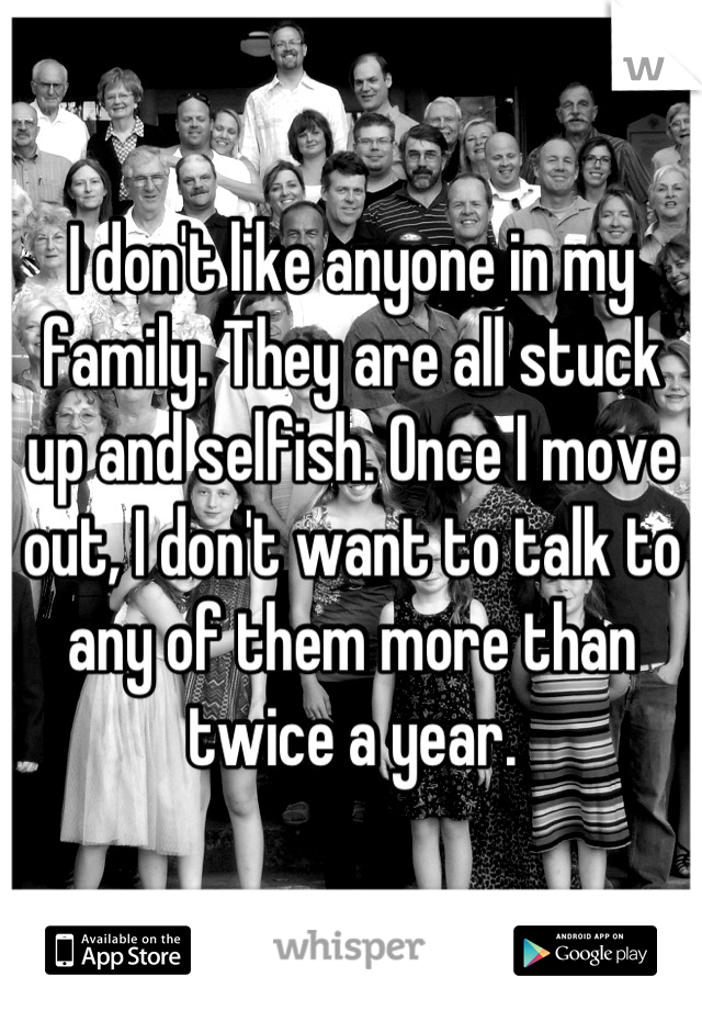 I don't like anyone in my family. They are all stuck up and selfish. Once I move out, I don't want to talk to any of them more than twice a year.