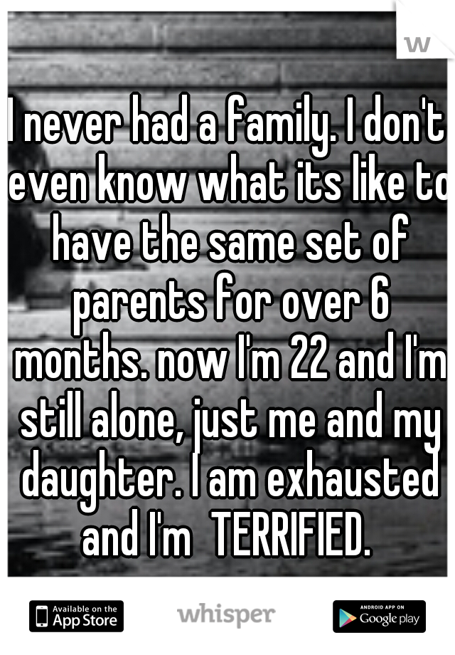 I never had a family. I don't even know what its like to have the same set of parents for over 6 months. now I'm 22 and I'm still alone, just me and my daughter. I am exhausted and I'm  TERRIFIED. 