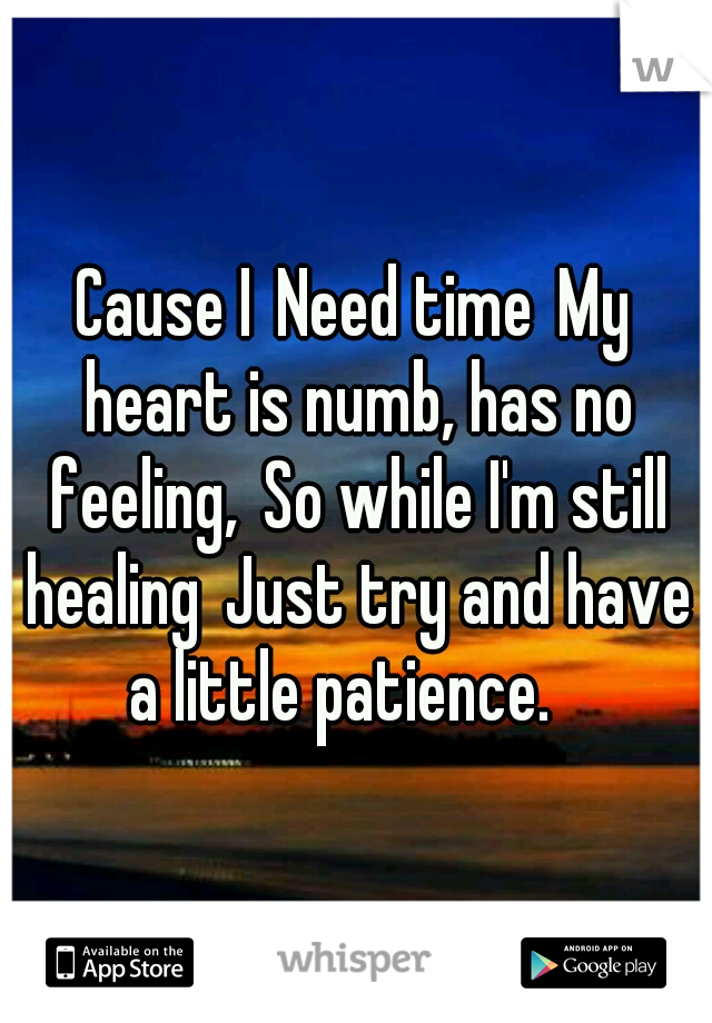 Cause I
Need time
My heart is numb, has no feeling,
So while I'm still healing
Just try and have a little patience. 
