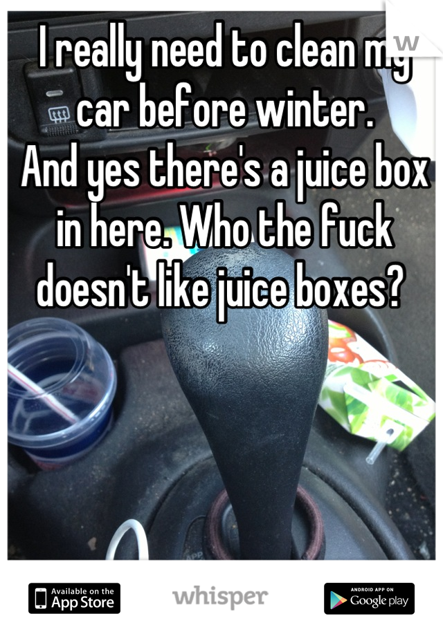 I really need to clean my car before winter. 
And yes there's a juice box in here. Who the fuck doesn't like juice boxes? 