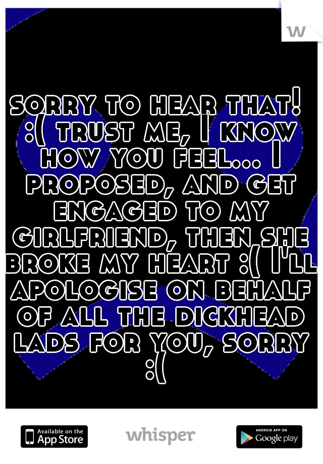 sorry to hear that! :( trust me, I know how you feel... I proposed, and get engaged to my girlfriend, then she broke my heart :( I'll apologise on behalf of all the dickhead lads for you, sorry :( 