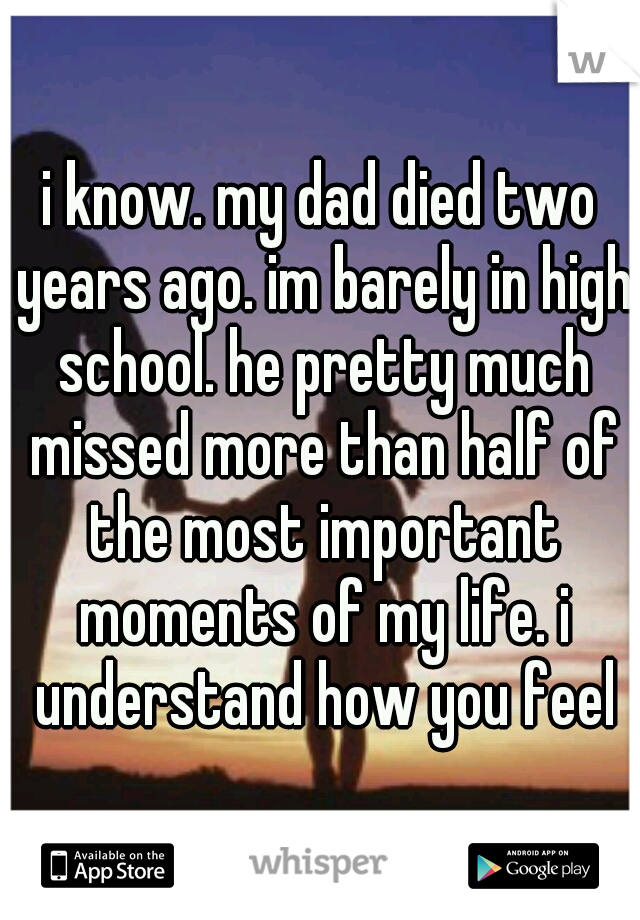 i know. my dad died two years ago. im barely in high school. he pretty much missed more than half of the most important moments of my life. i understand how you feel