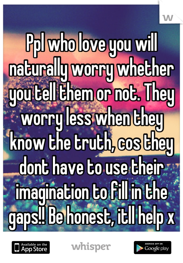 Ppl who love you will naturally worry whether you tell them or not. They worry less when they know the truth, cos they dont have to use their imagination to fill in the gaps!! Be honest, itll help x