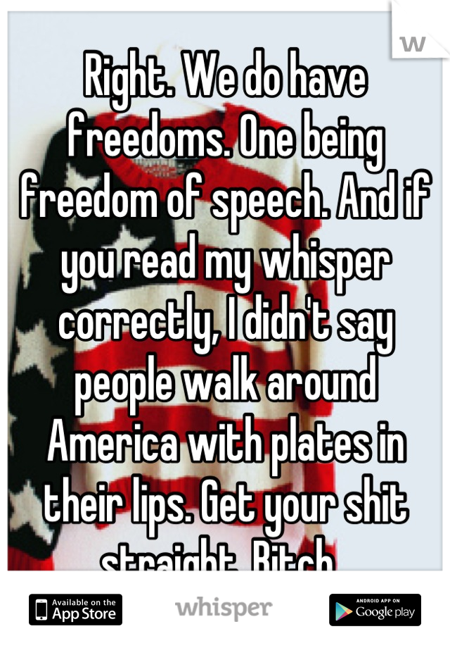 Right. We do have freedoms. One being freedom of speech. And if you read my whisper correctly, I didn't say people walk around America with plates in their lips. Get your shit straight. Bitch. 