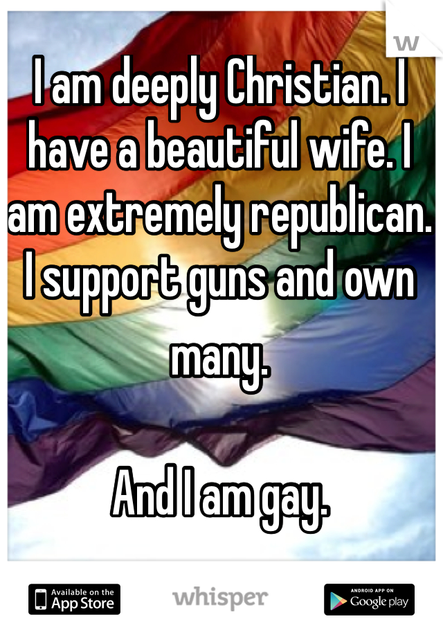 I am deeply Christian. I have a beautiful wife. I am extremely republican. I support guns and own many.  And I am gay.