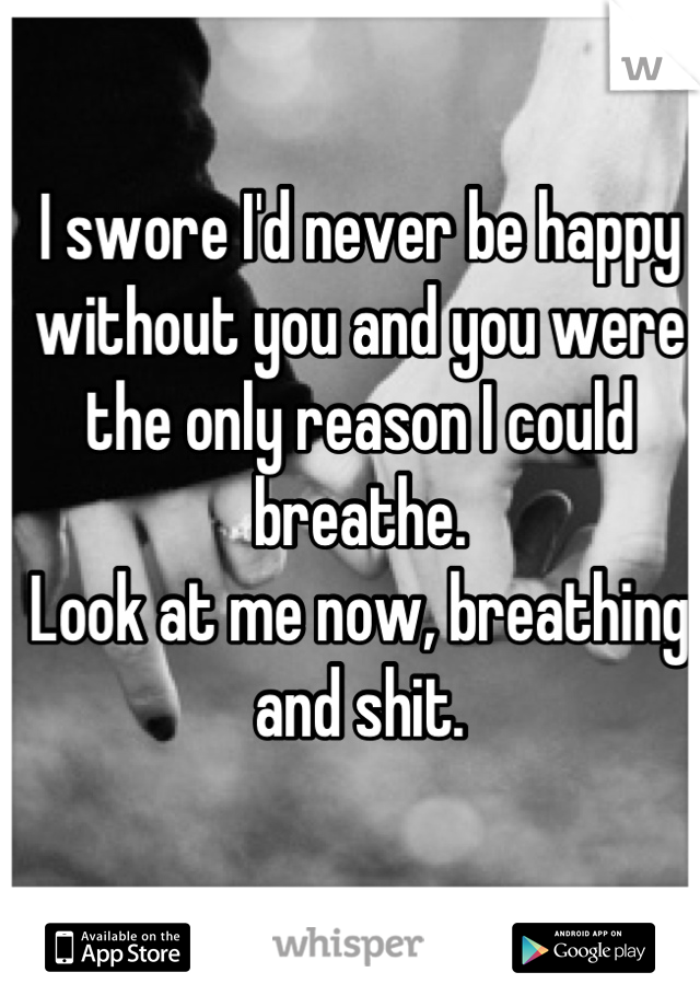I swore I'd never be happy without you and you were the only reason I could breathe.
Look at me now, breathing and shit.
