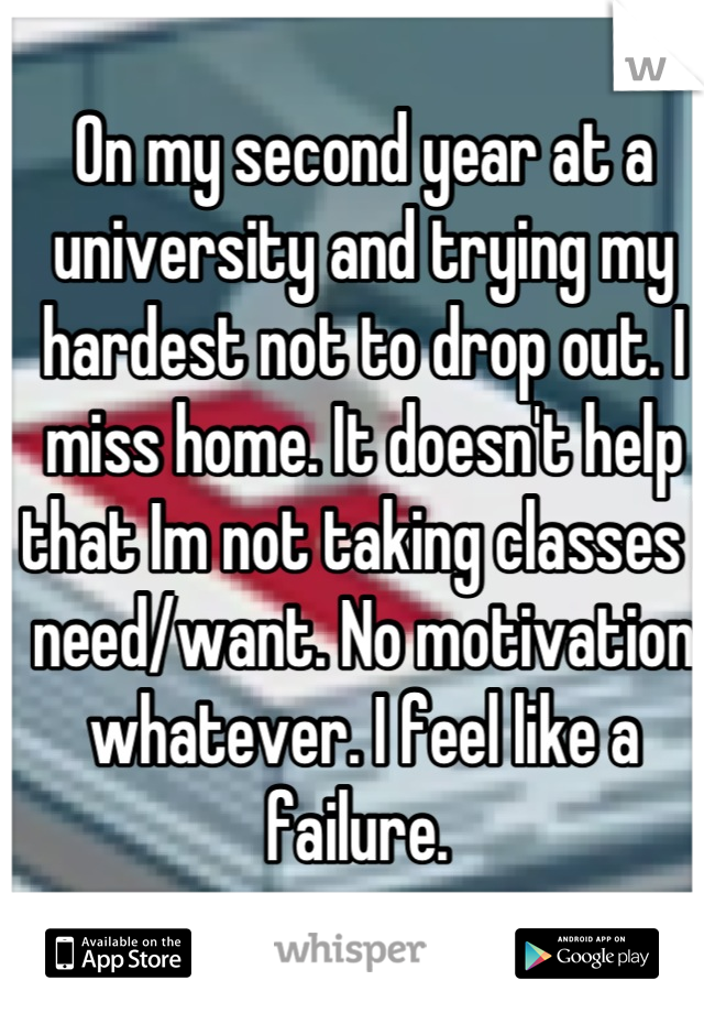 On my second year at a university and trying my hardest not to drop out. I miss home. It doesn't help that Im not taking classes I need/want. No motivation whatever. I feel like a failure. 