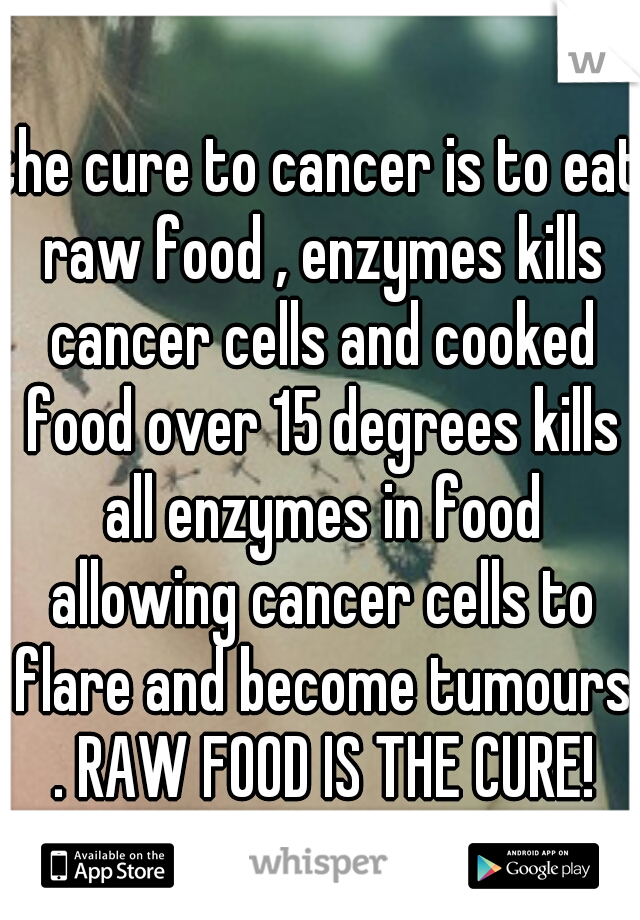 the cure to cancer is to eat raw food , enzymes kills cancer cells and cooked food over 15 degrees kills all enzymes in food allowing cancer cells to flare and become tumours . RAW FOOD IS THE CURE!
