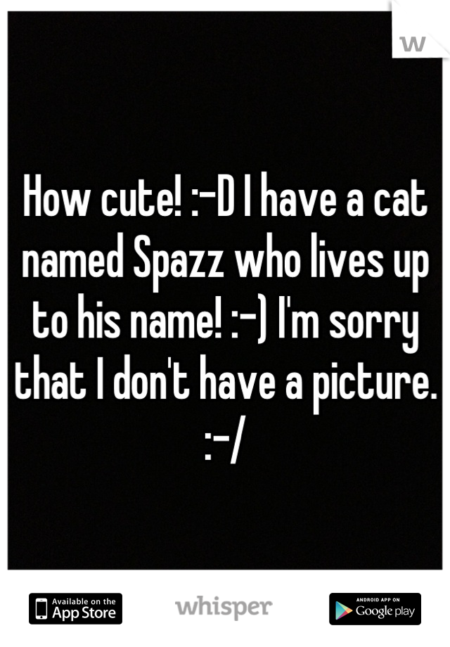 How cute! :-D I have a cat named Spazz who lives up to his name! :-) I'm sorry that I don't have a picture. :-/