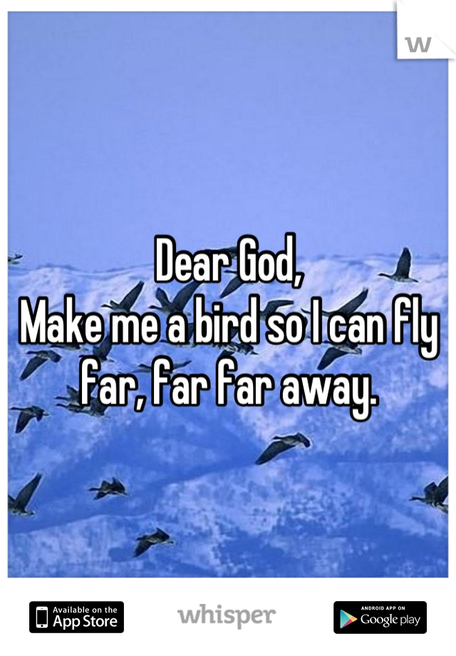 Dear God, 
Make me a bird so I can fly far, far far away.