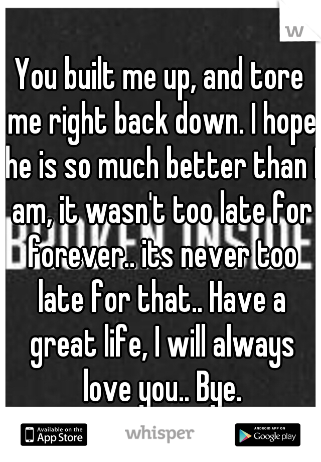 You built me up, and tore me right back down. I hope he is so much better than I am, it wasn't too late for forever.. its never too late for that.. Have a great life, I will always love you.. Bye.
