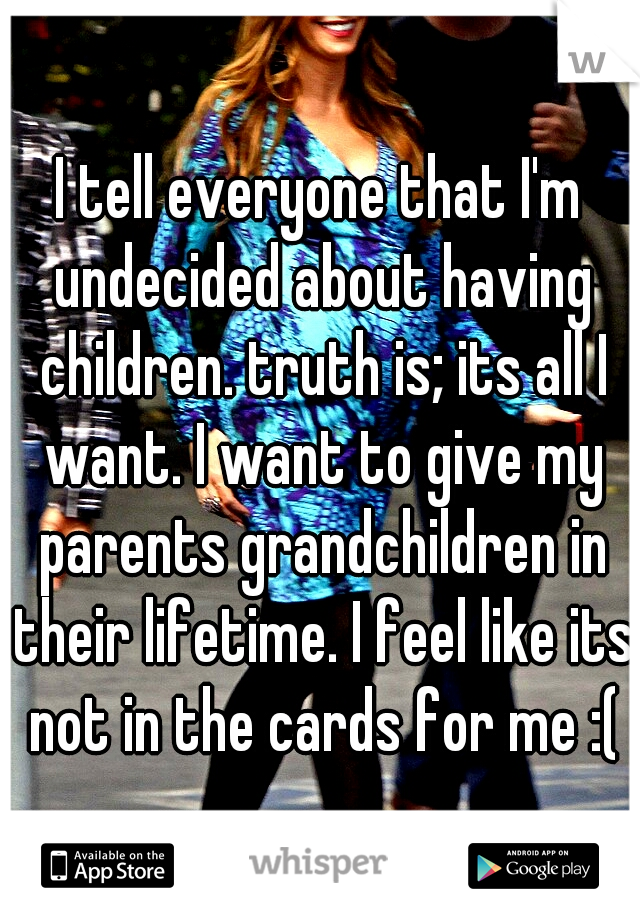 I tell everyone that I'm undecided about having children. truth is; its all I want. I want to give my parents grandchildren in their lifetime. I feel like its not in the cards for me :(