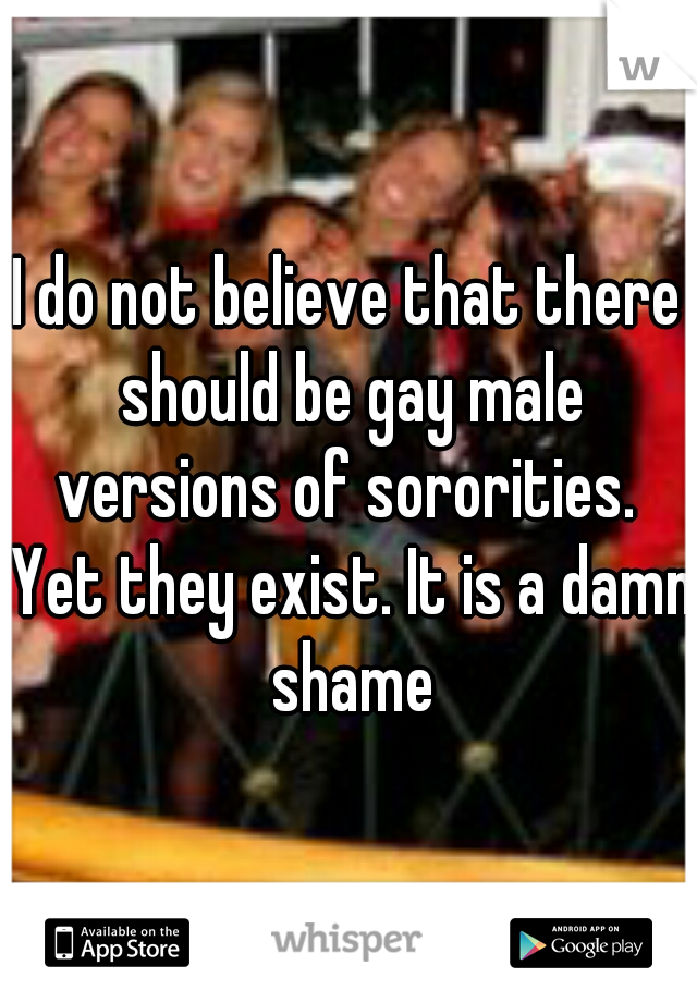 I do not believe that there should be gay male versions of sororities.  Yet they exist. It is a damn shame