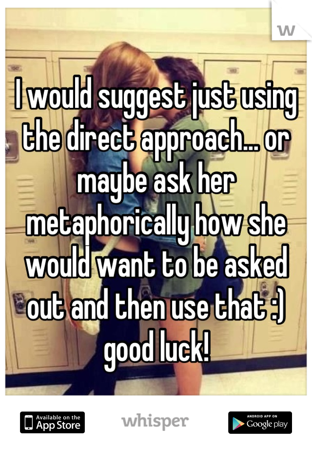 I would suggest just using the direct approach… or maybe ask her metaphorically how she would want to be asked out and then use that :) good luck!