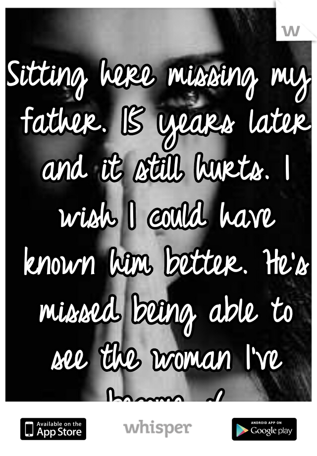 Sitting here missing my father. 15 years later and it still hurts. I wish I could have known him better. He's missed being able to see the woman I've become. :(