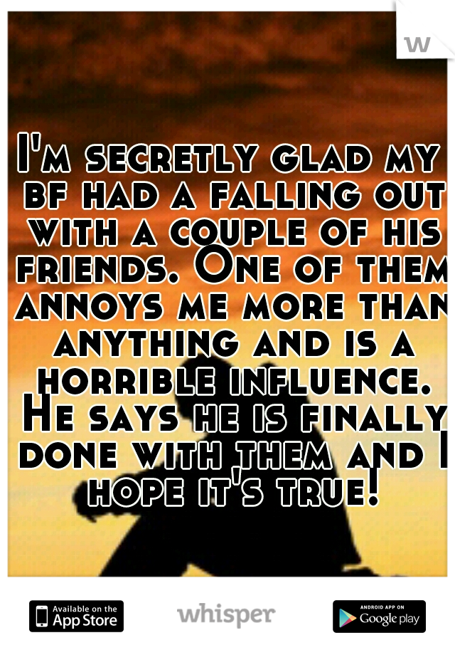 I'm secretly glad my bf had a falling out with a couple of his friends. One of them annoys me more than anything and is a horrible influence. He says he is finally done with them and I hope it's true!