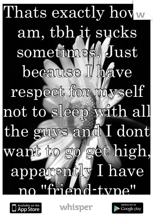 Thats exactly how I am, tbh it sucks sometimes. Just because I have respect for myself not to sleep with all the guys and I dont want to go get high, apparently I have no "friend-type" either. 