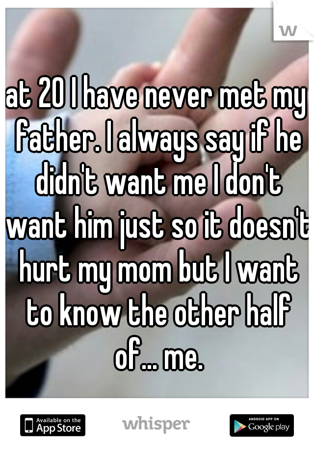 at 20 I have never met my father. I always say if he didn't want me I don't want him just so it doesn't hurt my mom but I want to know the other half of... me.