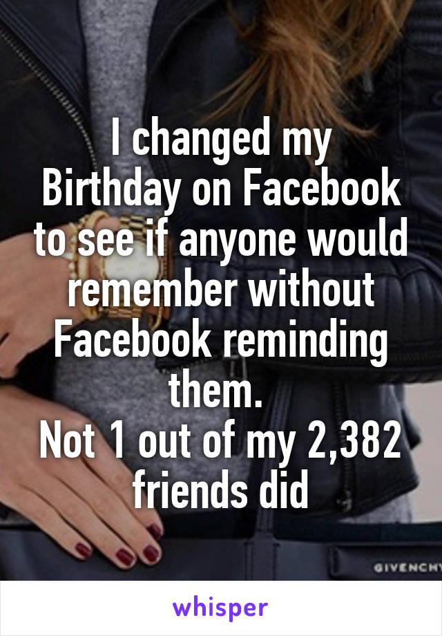 I changed my
Birthday on Facebook to see if anyone would remember without Facebook reminding them. 
Not 1 out of my 2,382 friends did