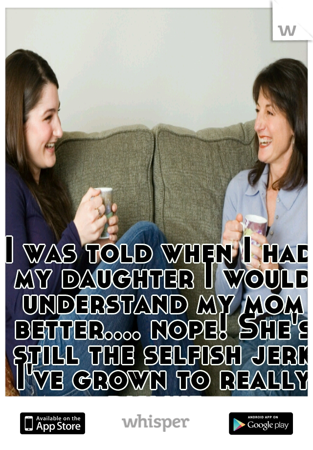I was told when I had my daughter I would understand my mom better.... nope! She's still the selfish jerk I've grown to really dislike. 
