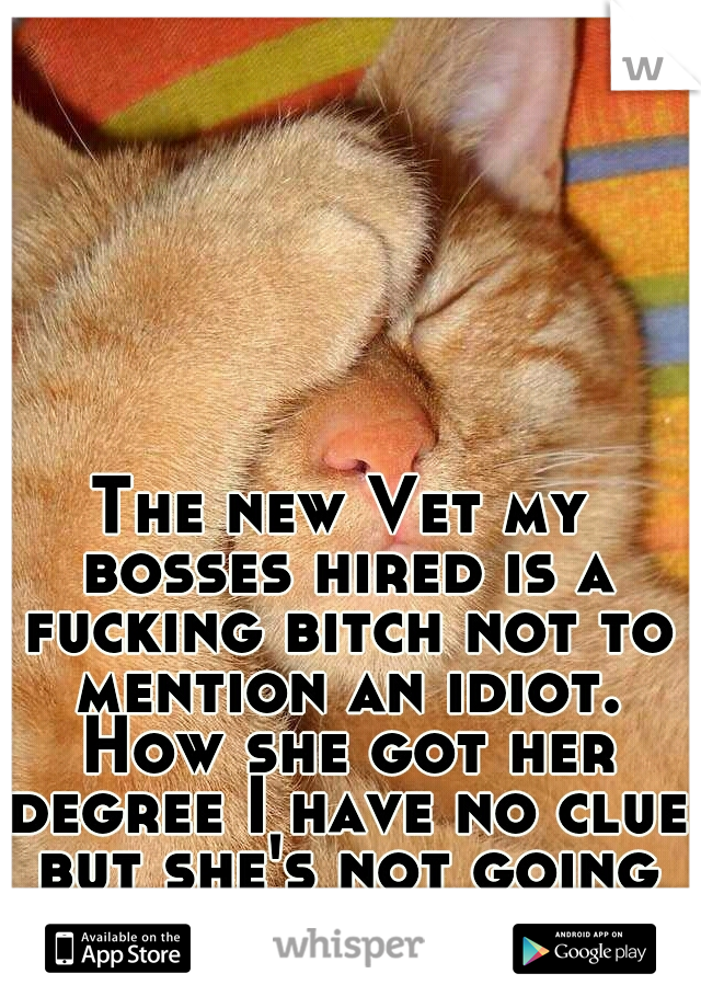The new Vet my bosses hired is a fucking bitch not to mention an idiot. How she got her degree I have no clue but she's not going to touch my babies.