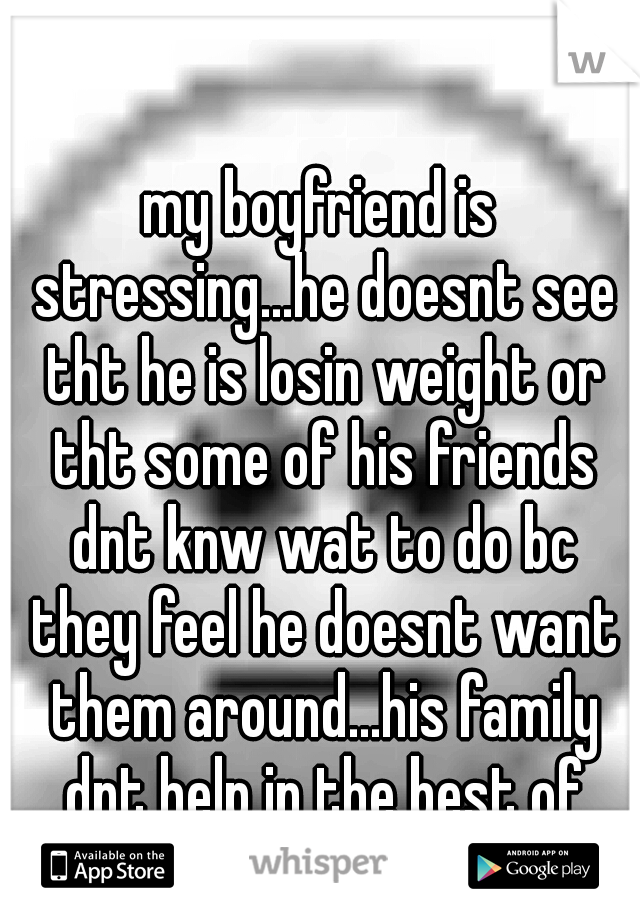 my boyfriend is stressing...he doesnt see tht he is losin weight or tht some of his friends dnt knw wat to do bc they feel he doesnt want them around...his family dnt help in the best of ways either
