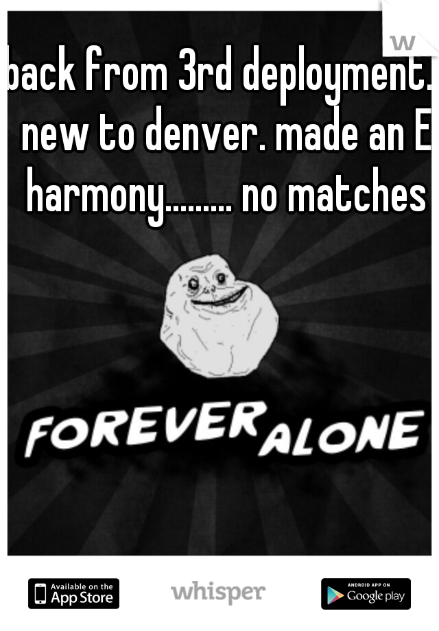 back from 3rd deployment.  new to denver. made an E harmony......... no matches