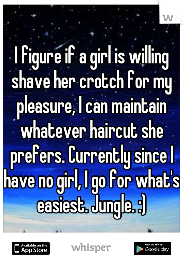 I figure if a girl is willing shave her crotch for my pleasure, I can maintain whatever haircut she prefers. Currently since I have no girl, I go for what's easiest. Jungle. :)
