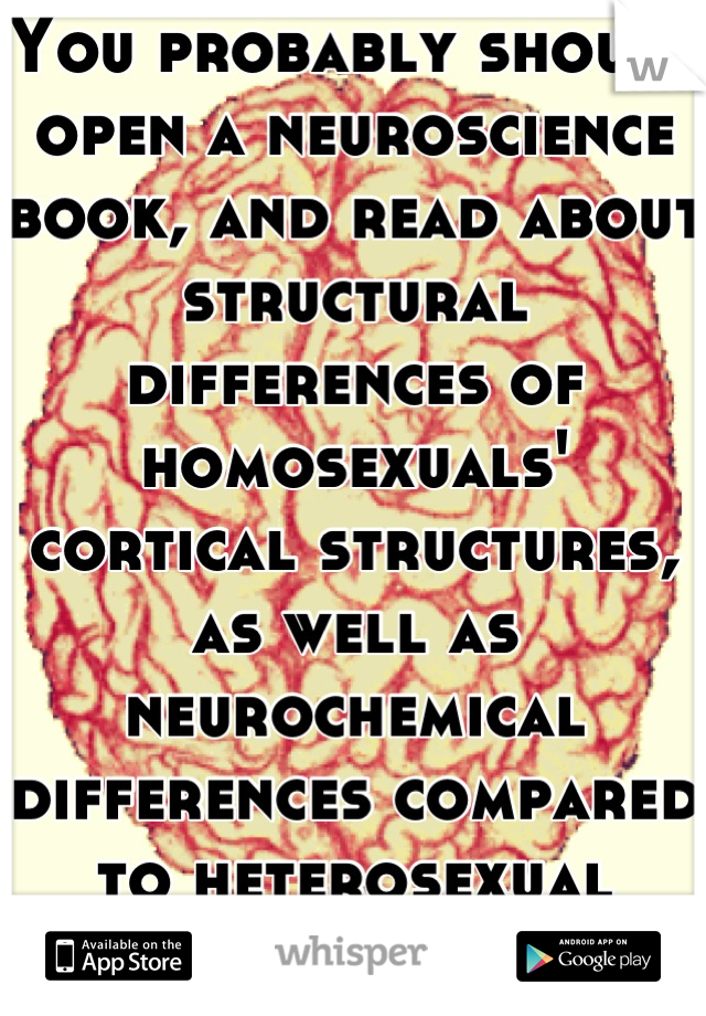 You probably should open a neuroscience book, and read about structural differences of homosexuals' cortical structures, as well as neurochemical differences compared to heterosexual brains. 