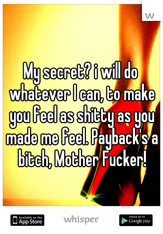 My secret? i will do whatever I can, to make you feel as shitty as you made me feel. Payback's a bitch, Mother Fucker!