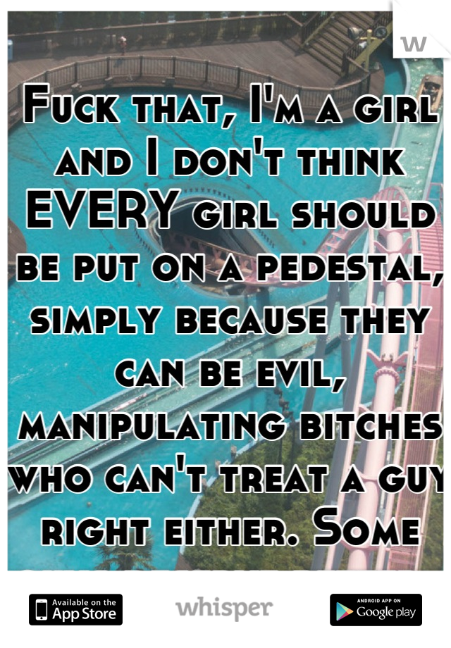 Fuck that, I'm a girl and I don't think EVERY girl should be put on a pedestal, simply because they can be evil, manipulating bitches who can't treat a guy right either. Some guys deserve better. 
