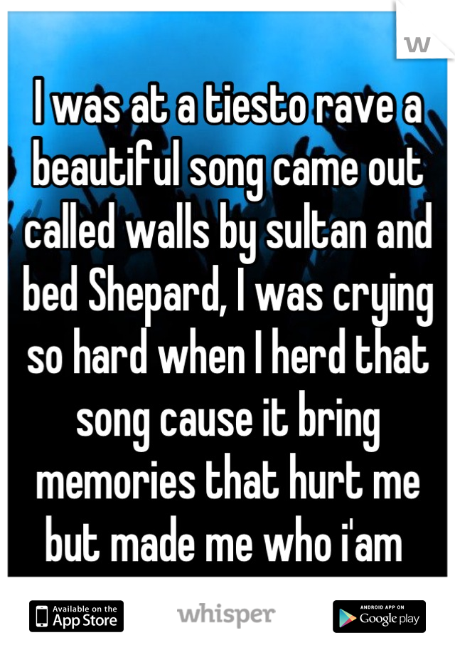 I was at a tiesto rave a beautiful song came out called walls by sultan and bed Shepard, I was crying so hard when I herd that song cause it bring memories that hurt me but made me who i'am 