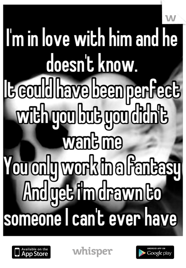 I'm in love with him and he doesn't know.
It could have been perfect with you but you didn't want me
You only work in a fantasy
And yet i'm drawn to someone I can't ever have 