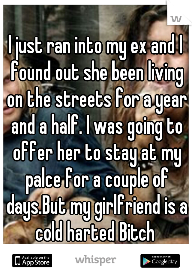 I just ran into my ex and I found out she been living on the streets for a year and a half. I was going to offer her to stay at my palce for a couple of days.But my girlfriend is a cold harted Bitch 