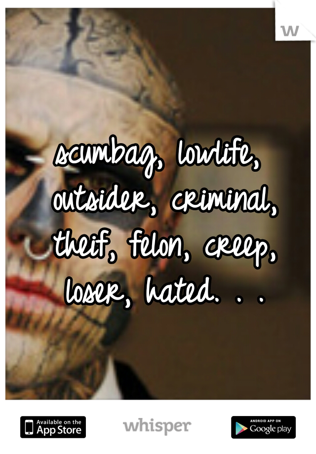 scumbag, lowlife, outsider, criminal, theif, felon, creep, loser, hated. . .